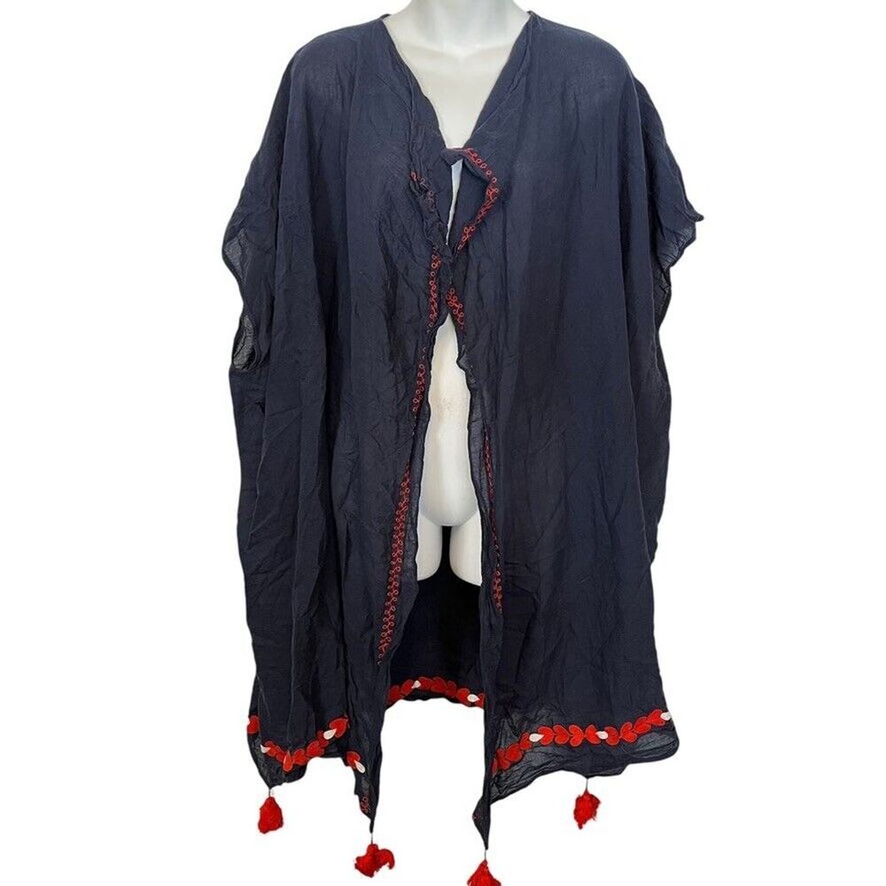 J Crew Embroidered Navy Red Tassel Boho Kimono Open Jacket Longline Sheer O/S